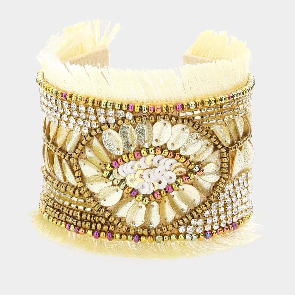 Boho Multi Bead Embellished Tassel Trimmed Cuff Bracelet - Jewelry Store by Erik Rayo