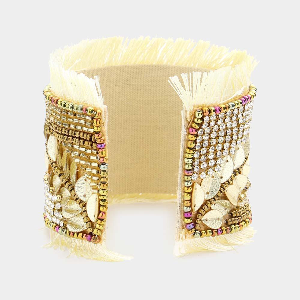 Boho Multi Bead Embellished Tassel Trimmed Cuff Bracelet - Jewelry Store by Erik Rayo