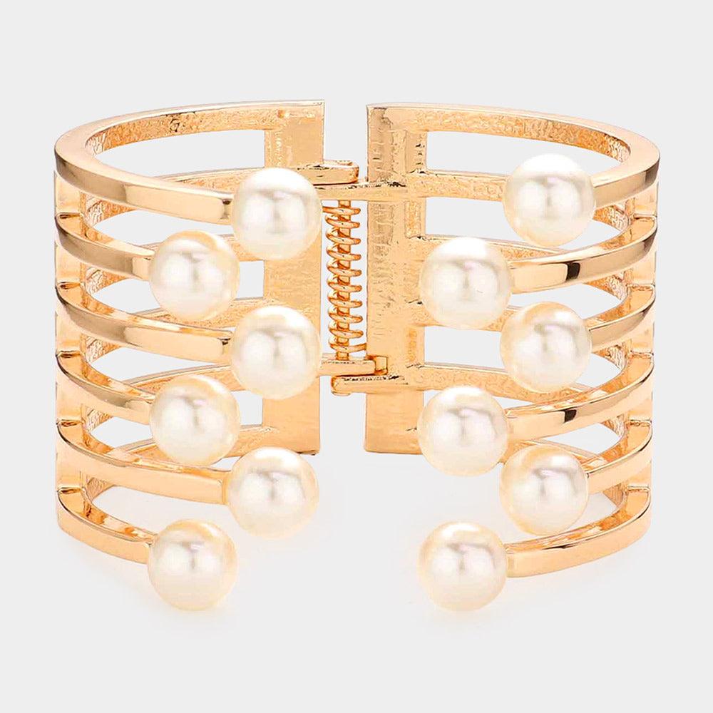 Gold Pearl Accented Hinged Cuff Bracelet