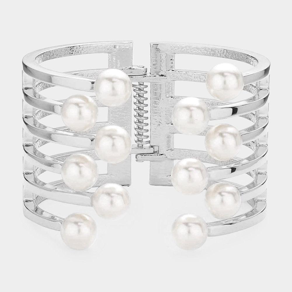 Silver Pearl Accented Hinged Cuff Bracelet