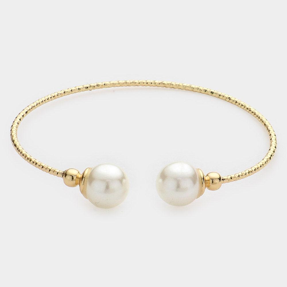 Gold Brass Metal Pearl Tip Cuff Bracelet