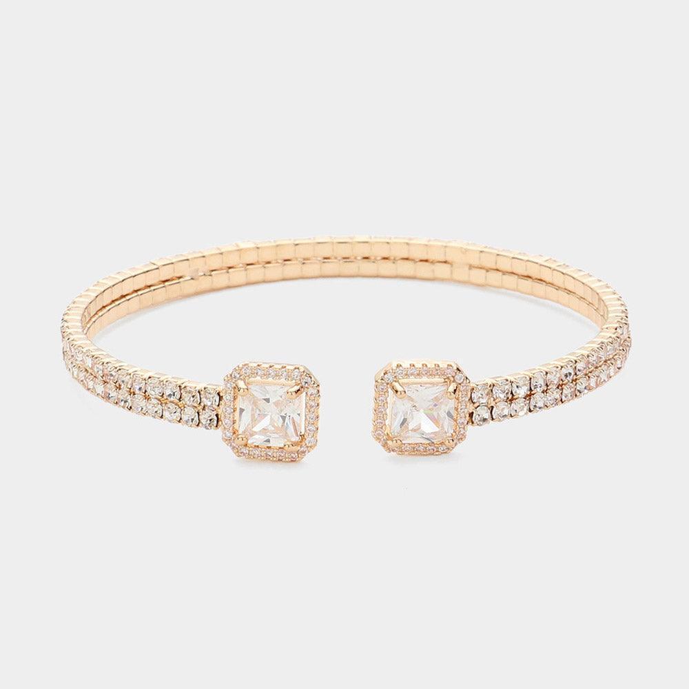 Gold CZ Square Stone Pointed Tip Rhinestone Paved Cuff Bracelet - Jewelry Store by Erik Rayo