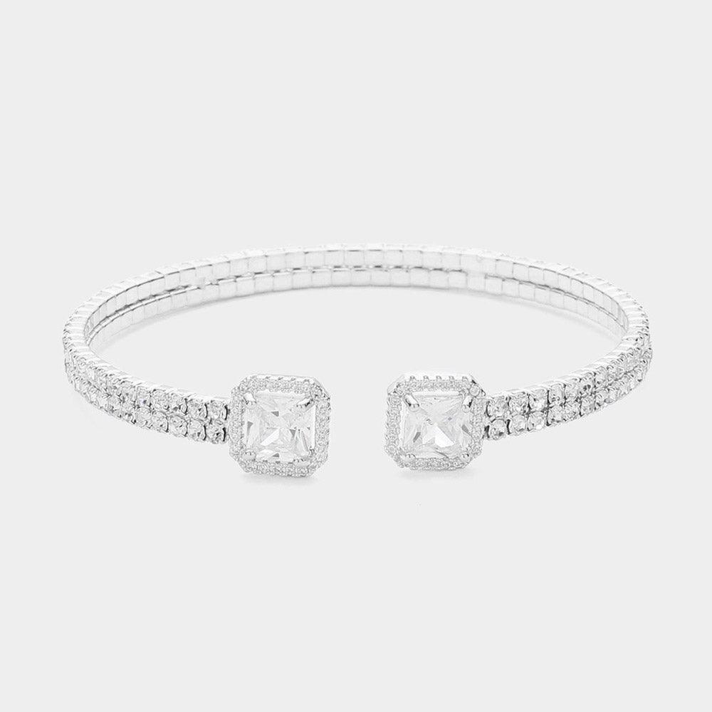 Silver CZ Square Stone Pointed Tip Rhinestone Paved Cuff Bracelet