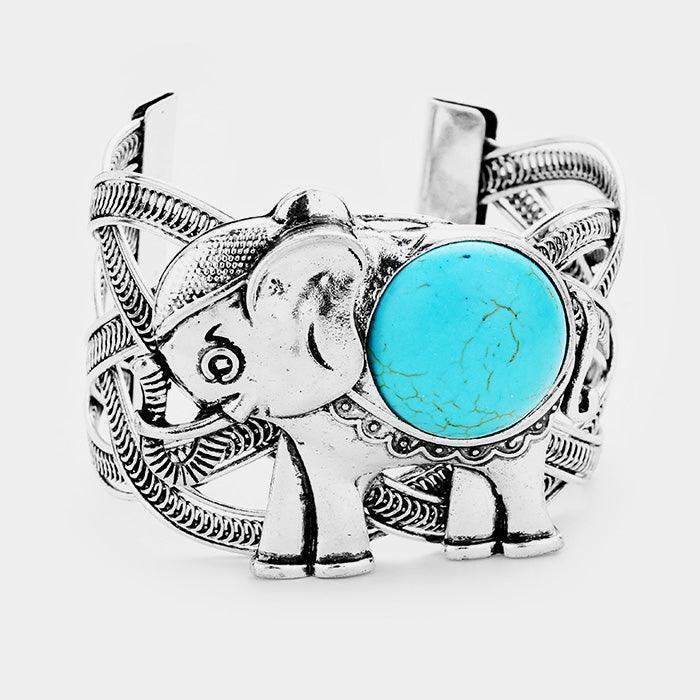 Turquoise Round Turquoise Detail Metal Elephant Cuff Bracelet - Jewelry Store by Erik Rayo