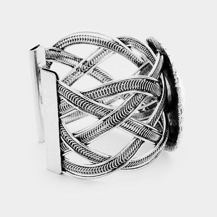 White Tribal Round Howlite Detail Braided Metal Cuff Bracelet - Jewelry Store by Erik Rayo