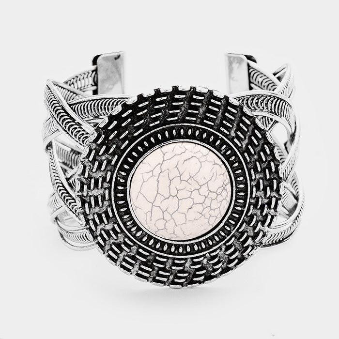White Tribal Round Howlite Detail Braided Metal Cuff Bracelet - Jewelry Store by Erik Rayo