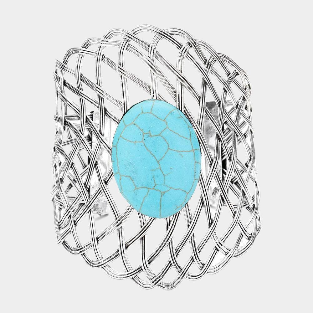 Turquoise Oval Natural Stone Accented Abstract Cuff Bracelet - Jewelry Store by Erik Rayo