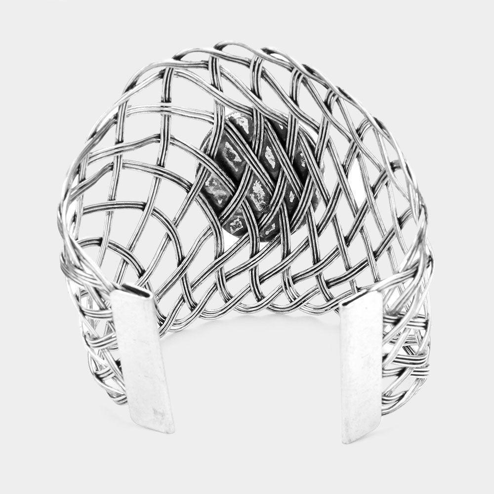 White Oval Natural Stone Accented Abstract Cuff Bracelet - Jewelry Store by Erik Rayo