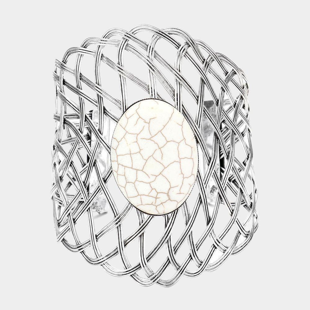 White Oval Natural Stone Accented Abstract Cuff Bracelet - Jewelry Store by Erik Rayo