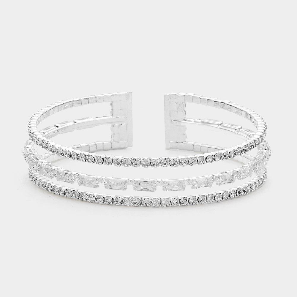 Silver CZ Baguette Stone Pointed Split Cuff Bracelet