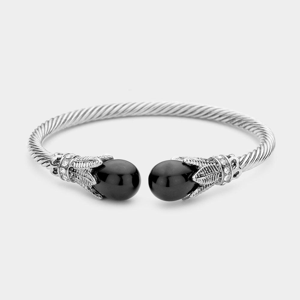 Black Twisted Metal Pearl Tip Cuff Bracelet