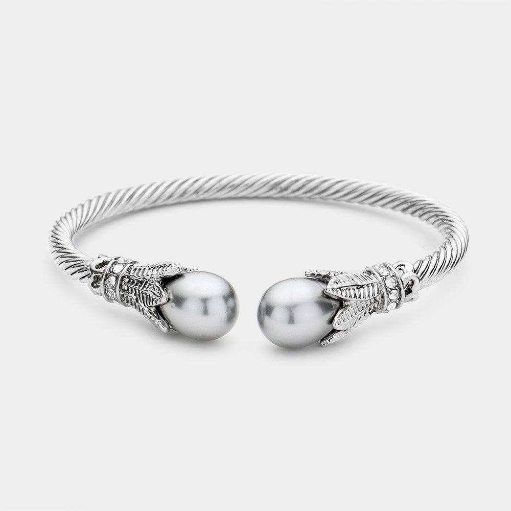 Gray Twisted Metal Pearl Tip Cuff Bracelet