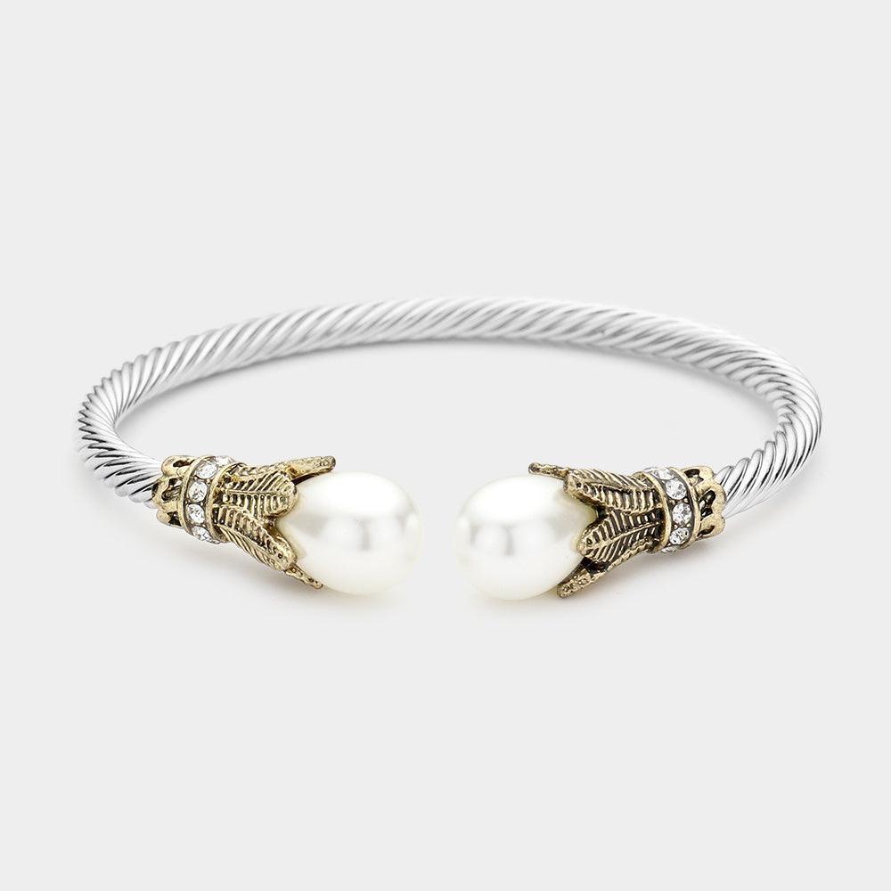 White Twisted Metal Pearl Tip Cuff Bracelet - Jewelry Store by Erik Rayo