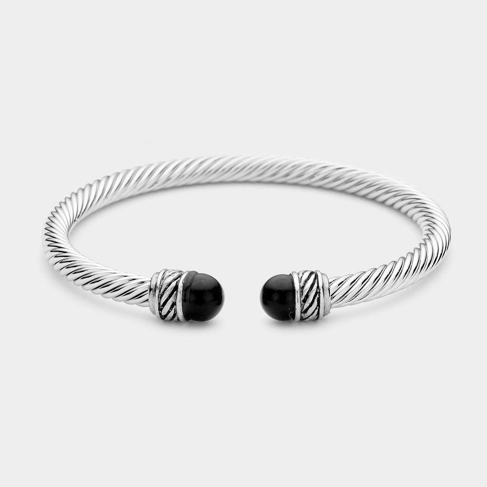 Black Twisted Metal Pearl Tip Cuff Bracelet