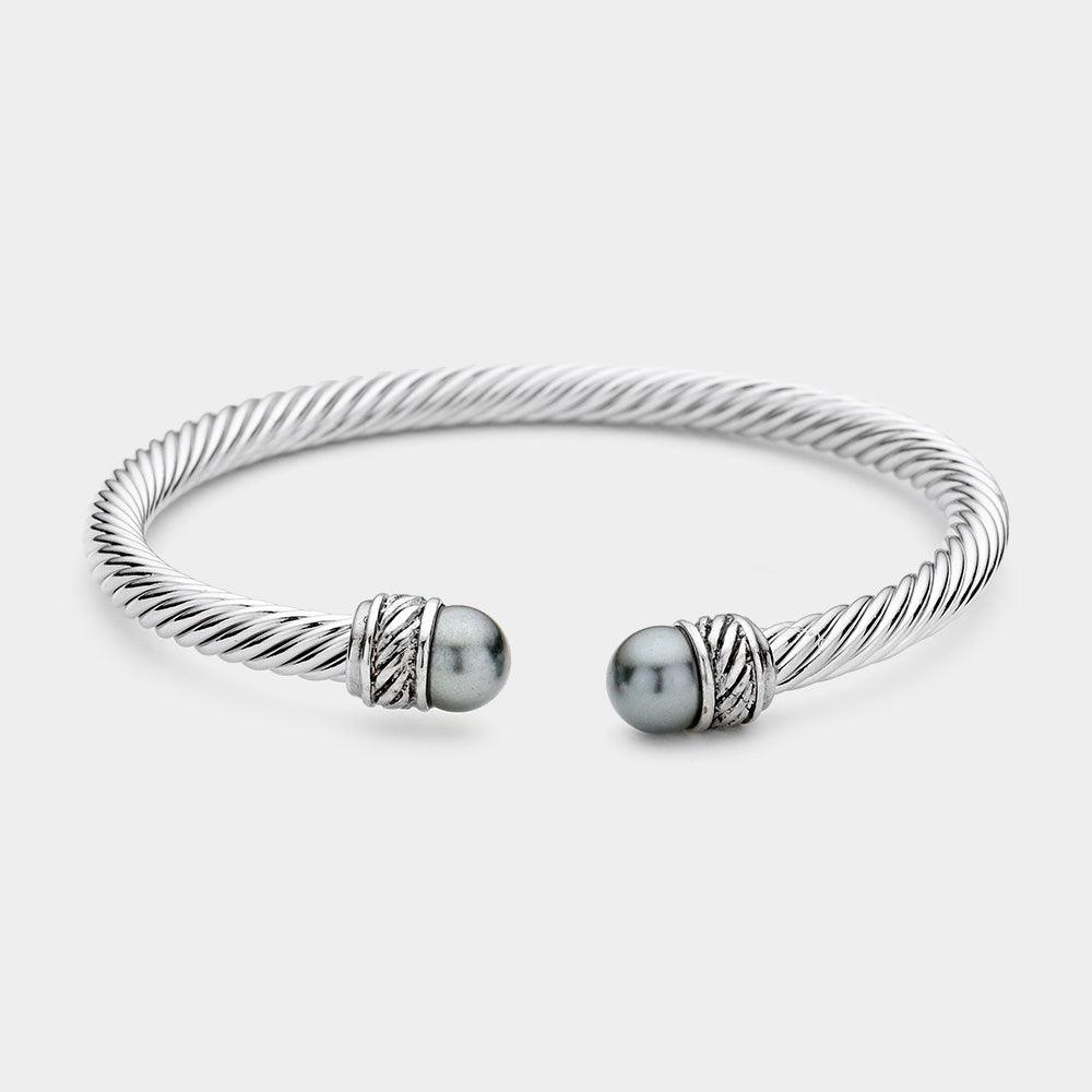 Gray Twisted Metal Pearl Tip Cuff Bracelet