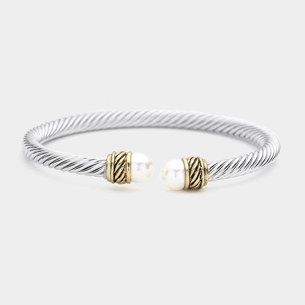 White Twisted Metal Pearl Tip Cuff Bracelet - Jewelry Store by Erik Rayo