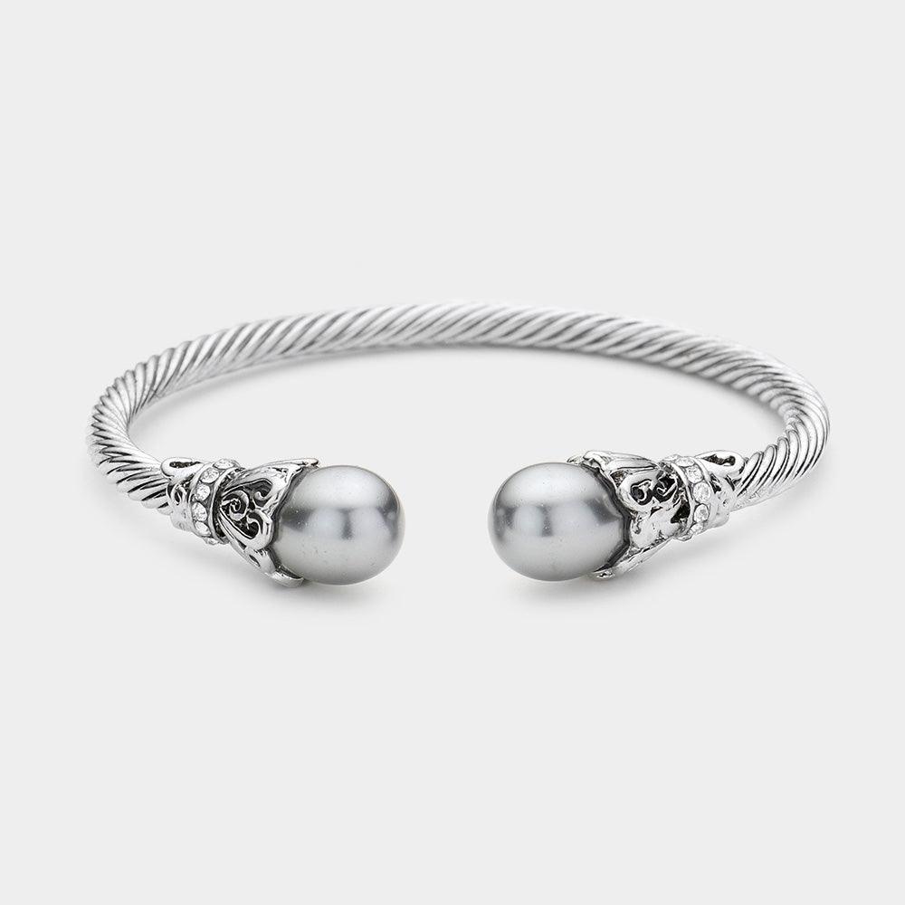 Gray Twisted Metal Pearl Tip Cuff Bracelet