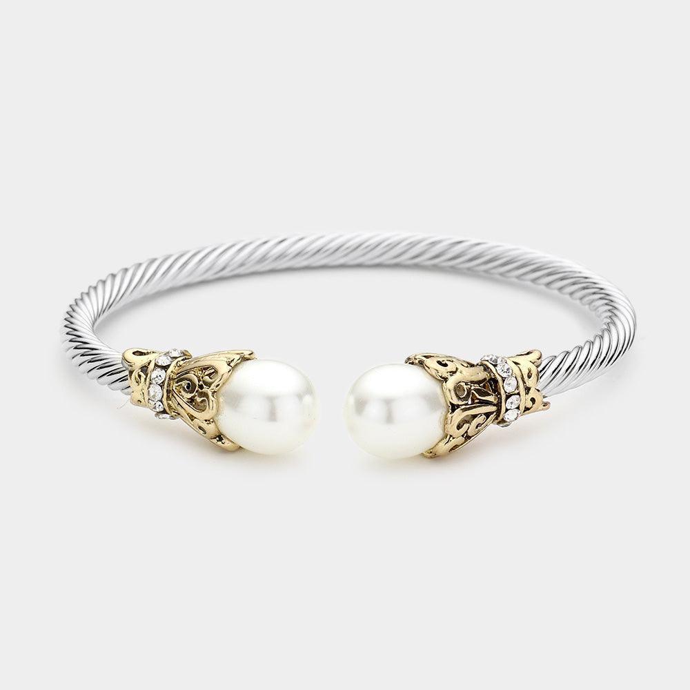 White Twisted Metal Pearl Tip Cuff Bracelet - Jewelry Store by Erik Rayo