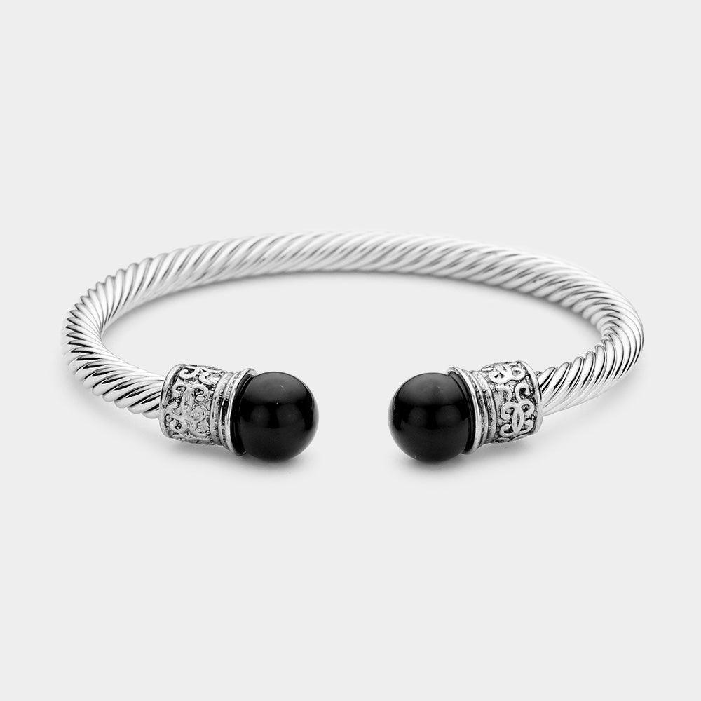 Black Twisted Metal Pearl Tip Cuff Bracelet