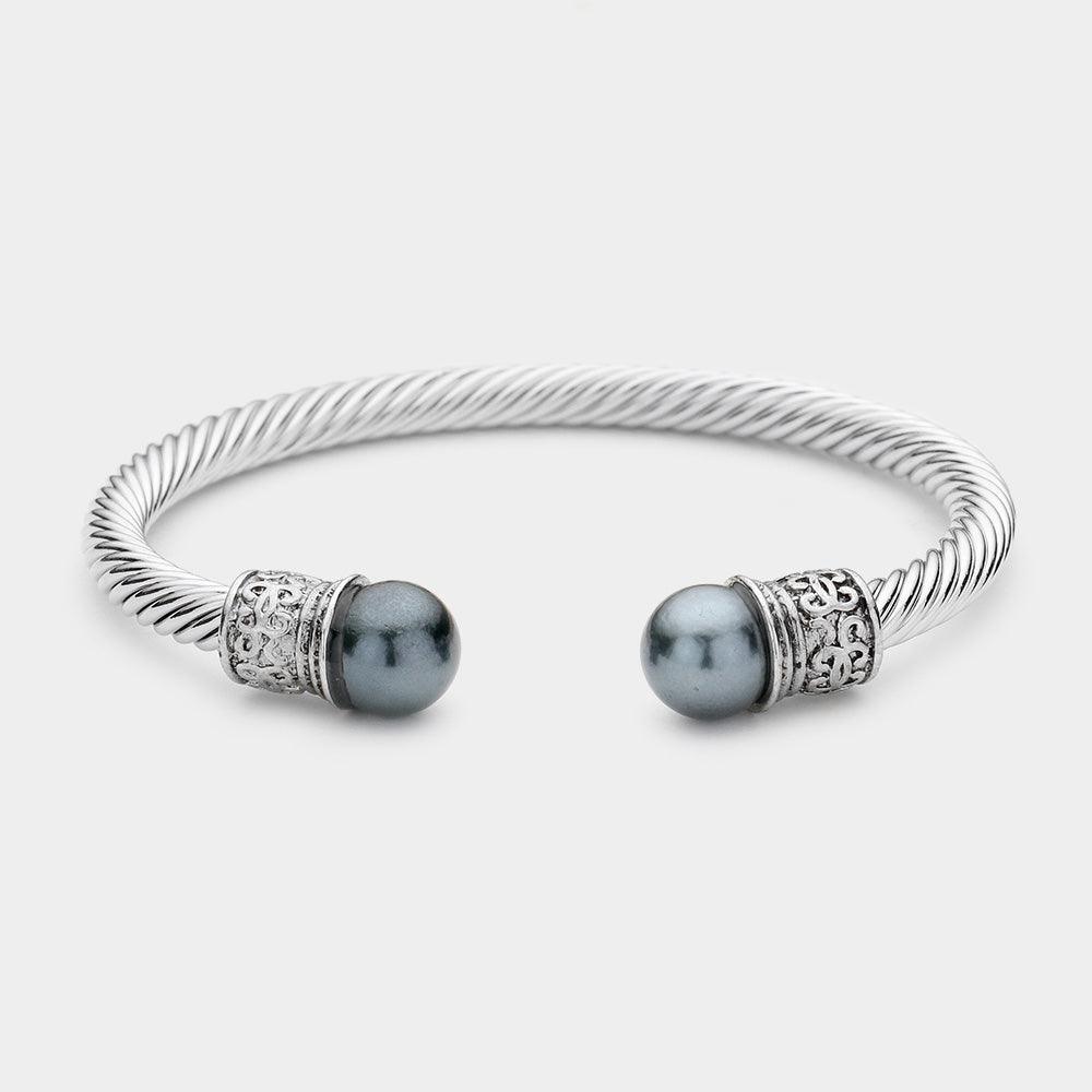 Gray Twisted Metal Pearl Tip Cuff Bracelet