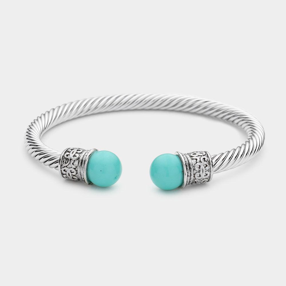Turquoise Twisted Metal Pearl Tip Cuff Bracelet - Jewelry Store by Erik Rayo