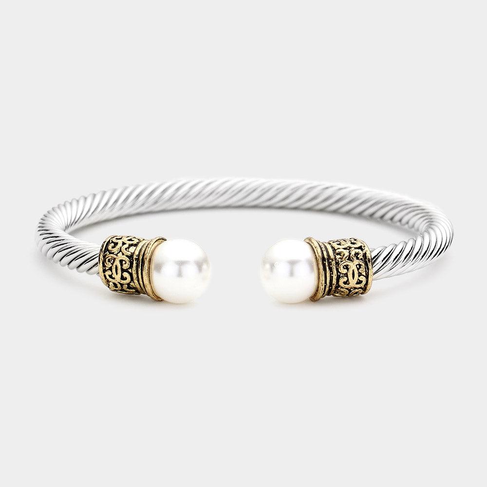 White Twisted Metal Pearl Tip Cuff Bracelet