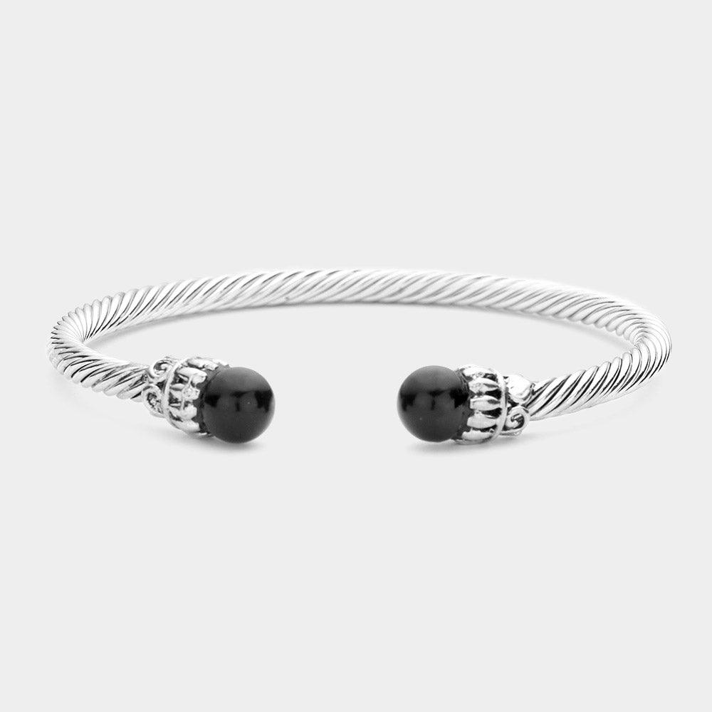 Black Twisted Metal Pearl Tip Cuff Bracelet