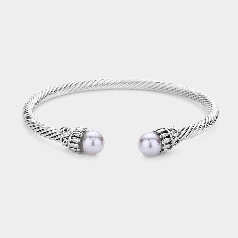 Gray Twisted Metal Pearl Tip Cuff Bracelet