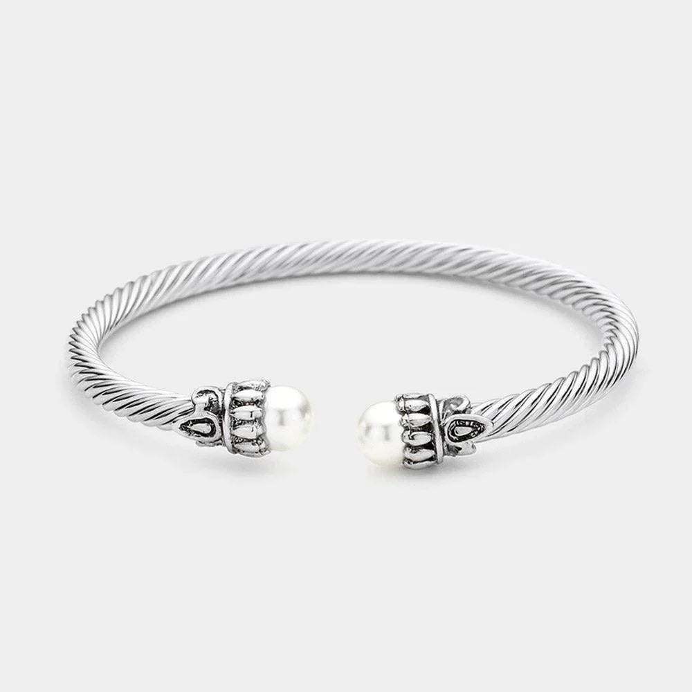 White Twisted Metal Pearl Tip Cuff Bracelet - Jewelry Store by Erik Rayo