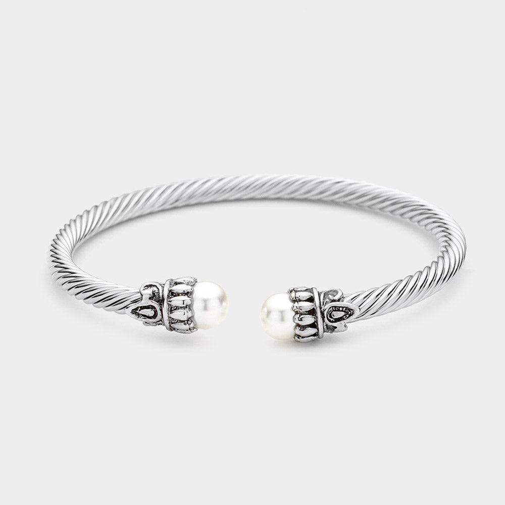 White Twisted Metal Pearl Tip Cuff Bracelet