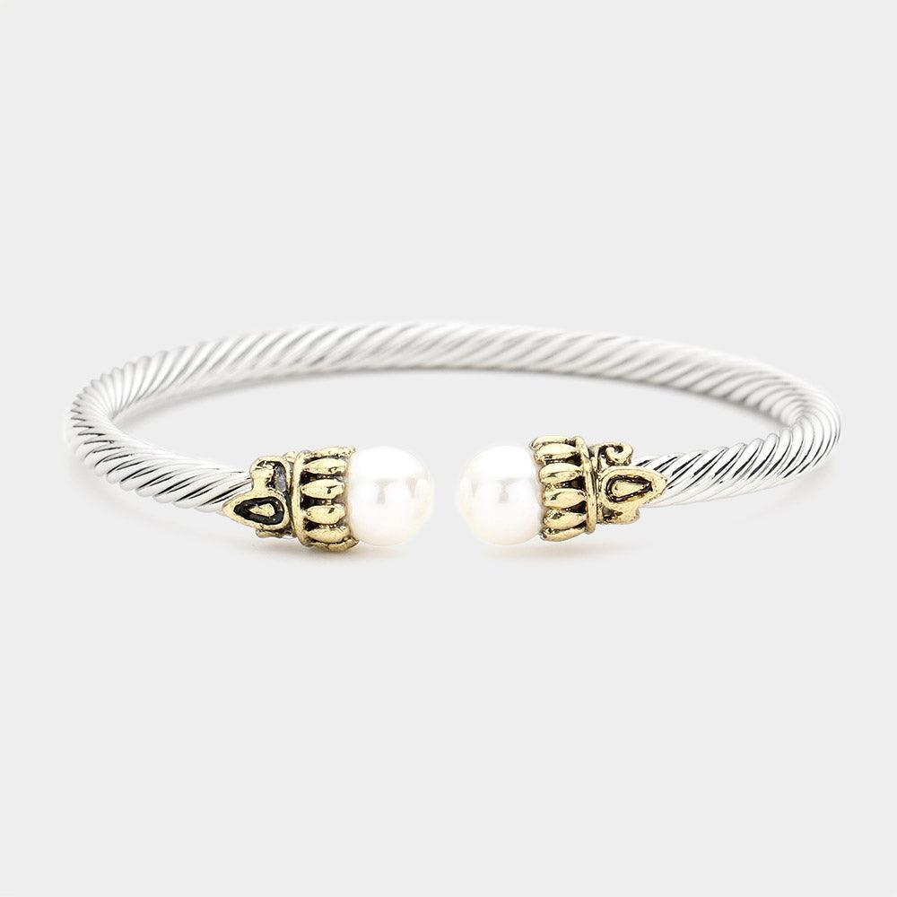 White Twisted Metal Pearl Tip Cuff Bracelet - Jewelry Store by Erik Rayo