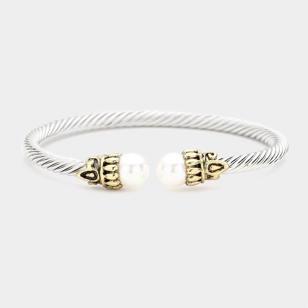 White Twisted Metal Pearl Tip Cuff Bracelet