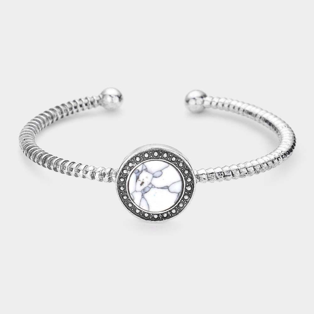 White Natural Stone Embellished Metal Cuff Bracelet