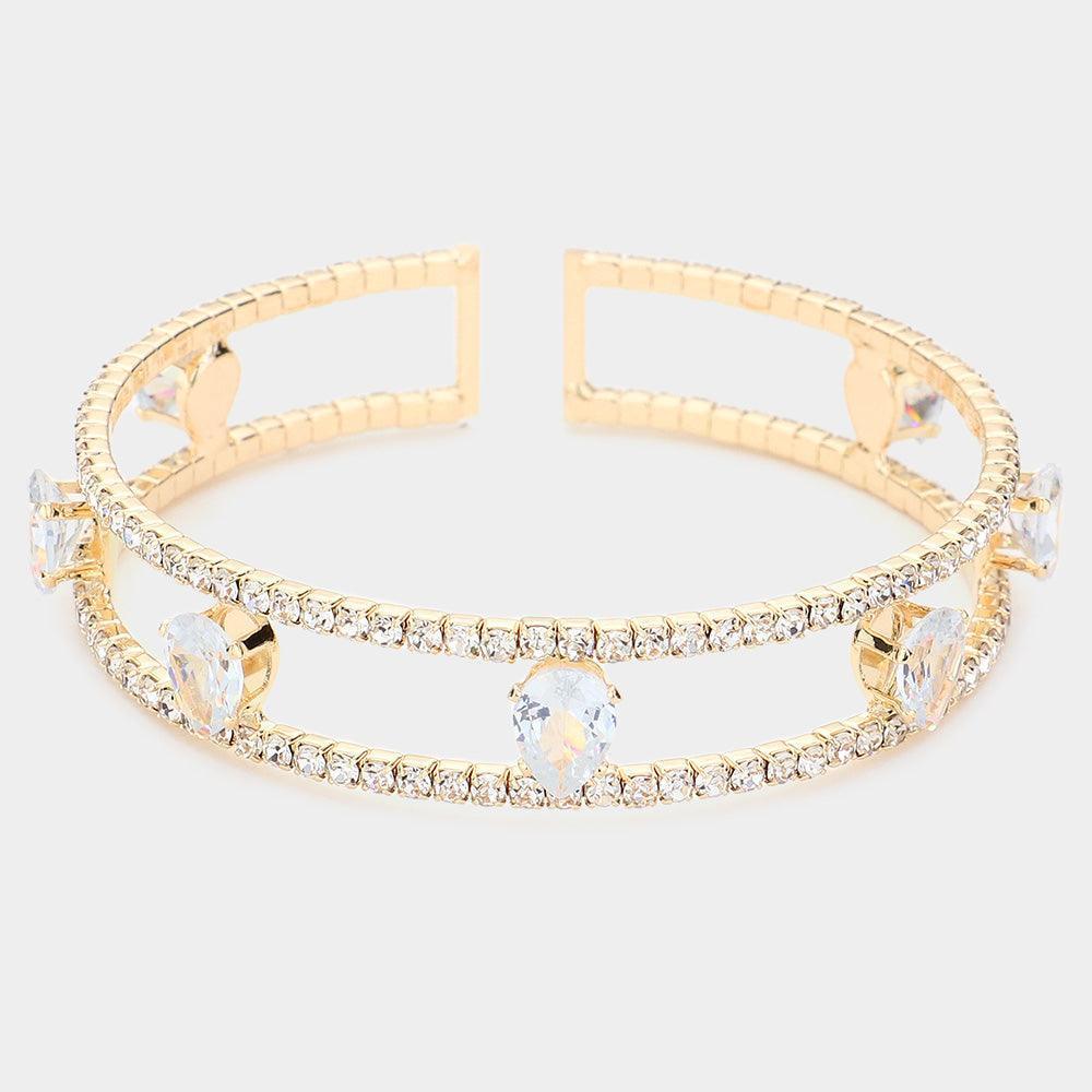 Gold Teardrop Glass Stone Accented Split Rhinestone Cuff Evening Bracelet - Jewelry Store by Erik Rayo