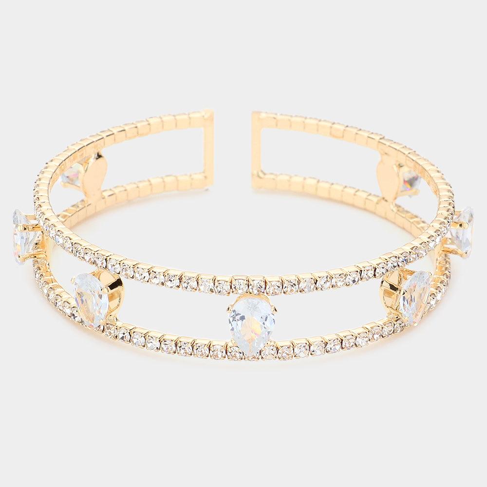 Gold Teardrop Glass Stone Accented Split Rhinestone Cuff Evening Bracelet