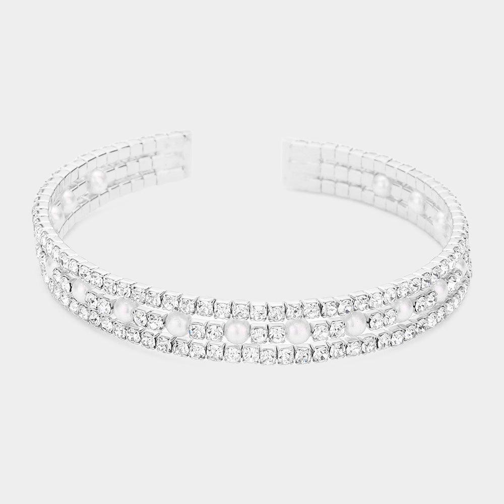 Silver Pearl Accented Split Rhinestone Cuff Evening Bracelet - Jewelry Store by Erik Rayo