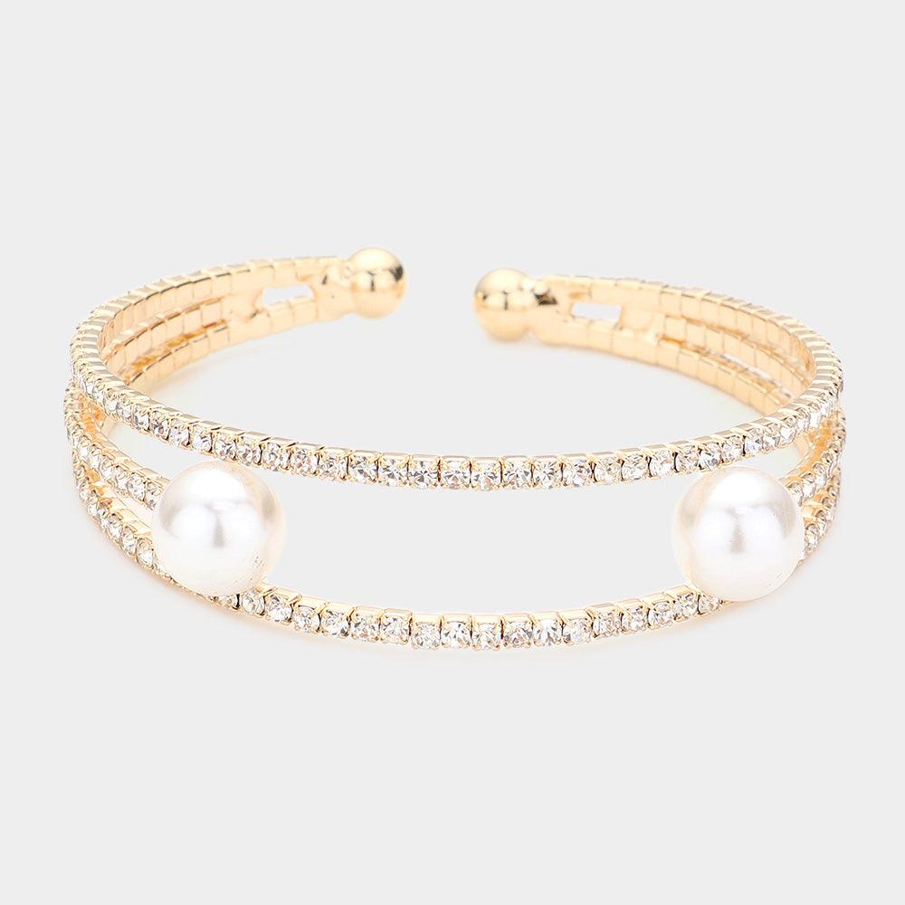 Gold Pearl Accented Split Rhinestone Cuff Evening Bracelet