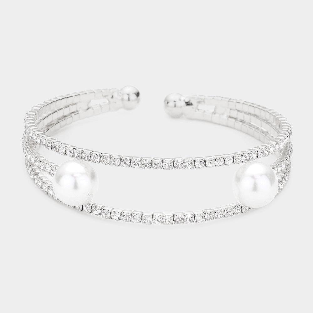Silver Pearl Accented Split Rhinestone Cuff Evening Bracelet - Jewelry Store by Erik Rayo