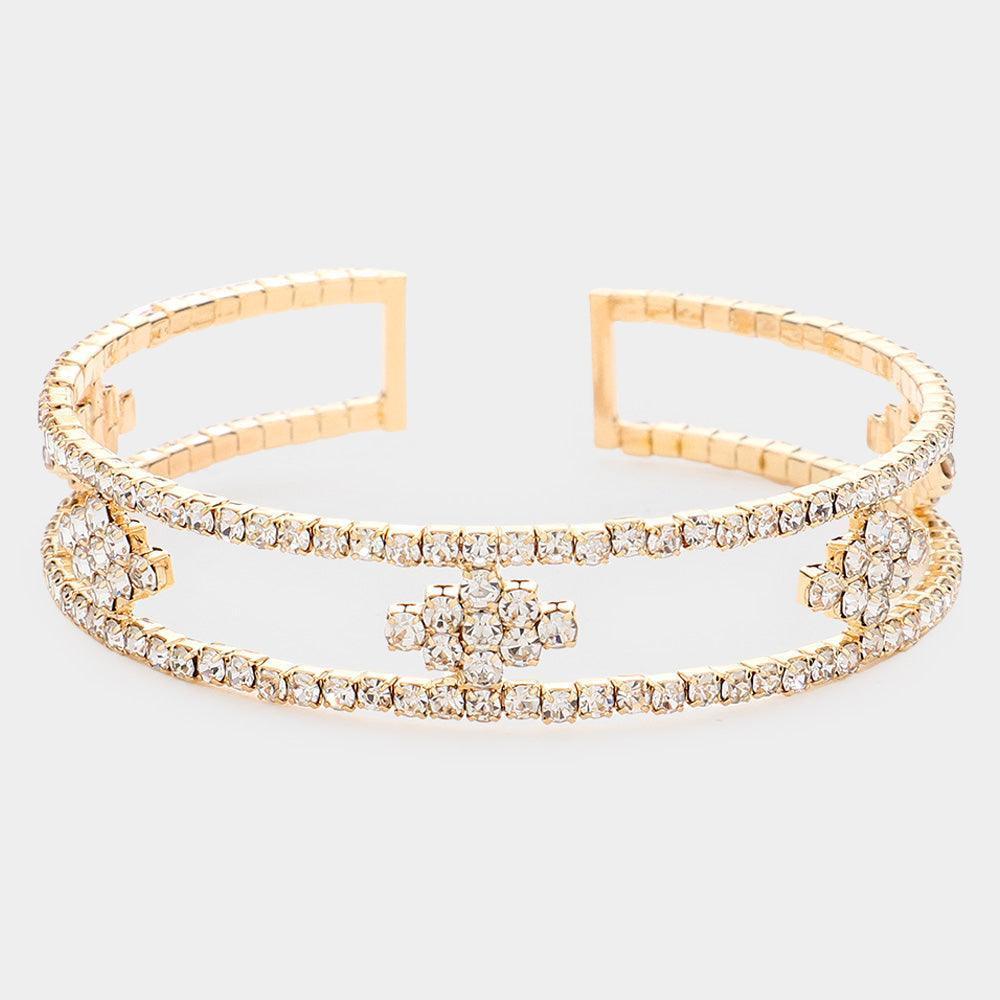 Gold Rhinestone Marquise Accented Cuff Evening Bracelet