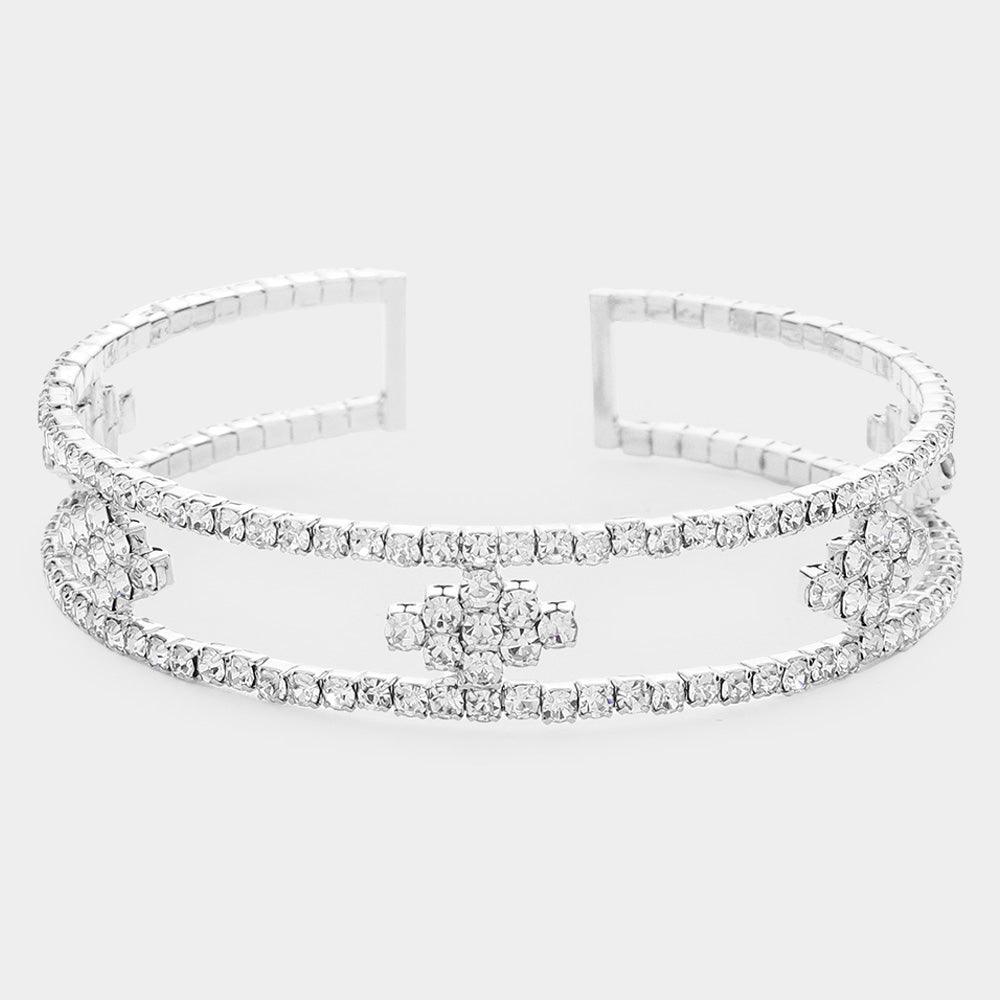 Silver Rhinestone Marquise Accented Cuff Evening Bracelet