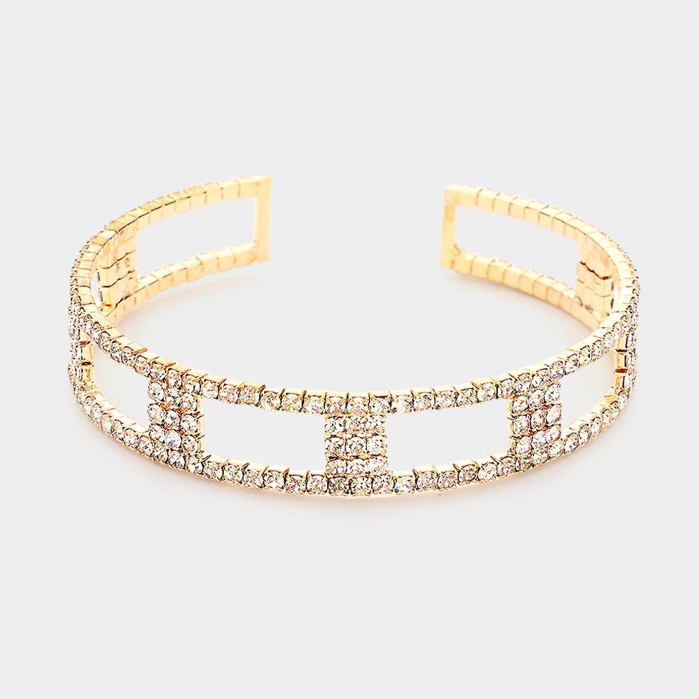 Gold Square Rhinestone Pave Accented Cuff Bracelet