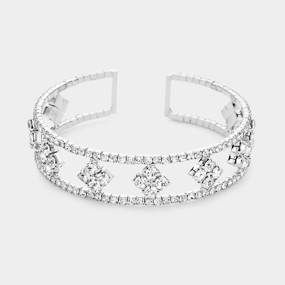 Silver Clover Rhinestone Pave Accented Cuff Bracelet - Jewelry Store by Erik Rayo