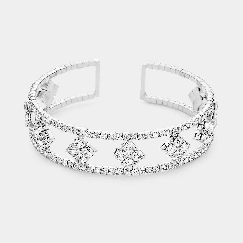 Silver Clover Rhinestone Pave Accented Cuff Bracelet