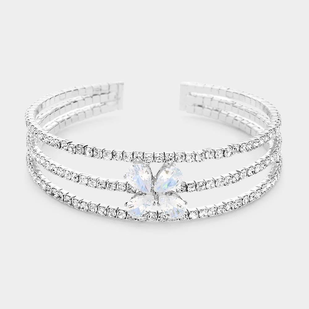 Silver Teardrop Flower Stone Accented Rhinestone Pave Cuff Bracelet - Jewelry Store by Erik Rayo
