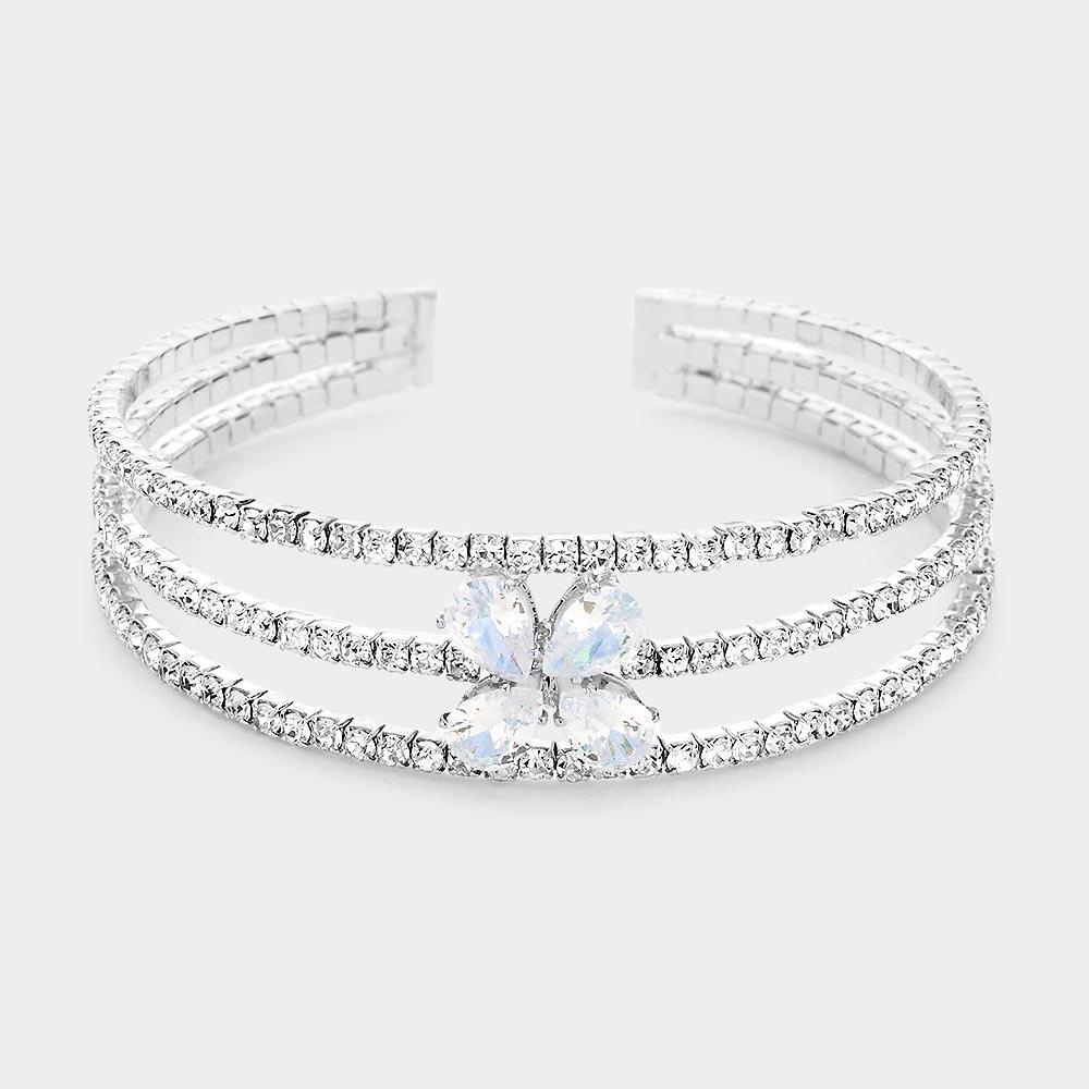 Silver Teardrop Flower Stone Accented Rhinestone Pave Cuff Bracelet