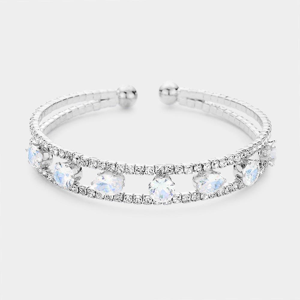 Silver Oval Triangle Stone Accented Rhinestone Pave Cuff Bracelet - Jewelry Store by Erik Rayo