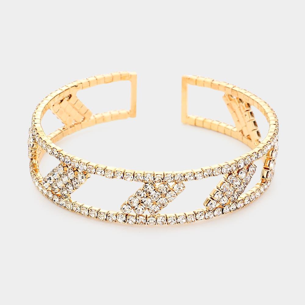 Gold Rhombus Rhinestone Pave Accented Cuff Bracelet