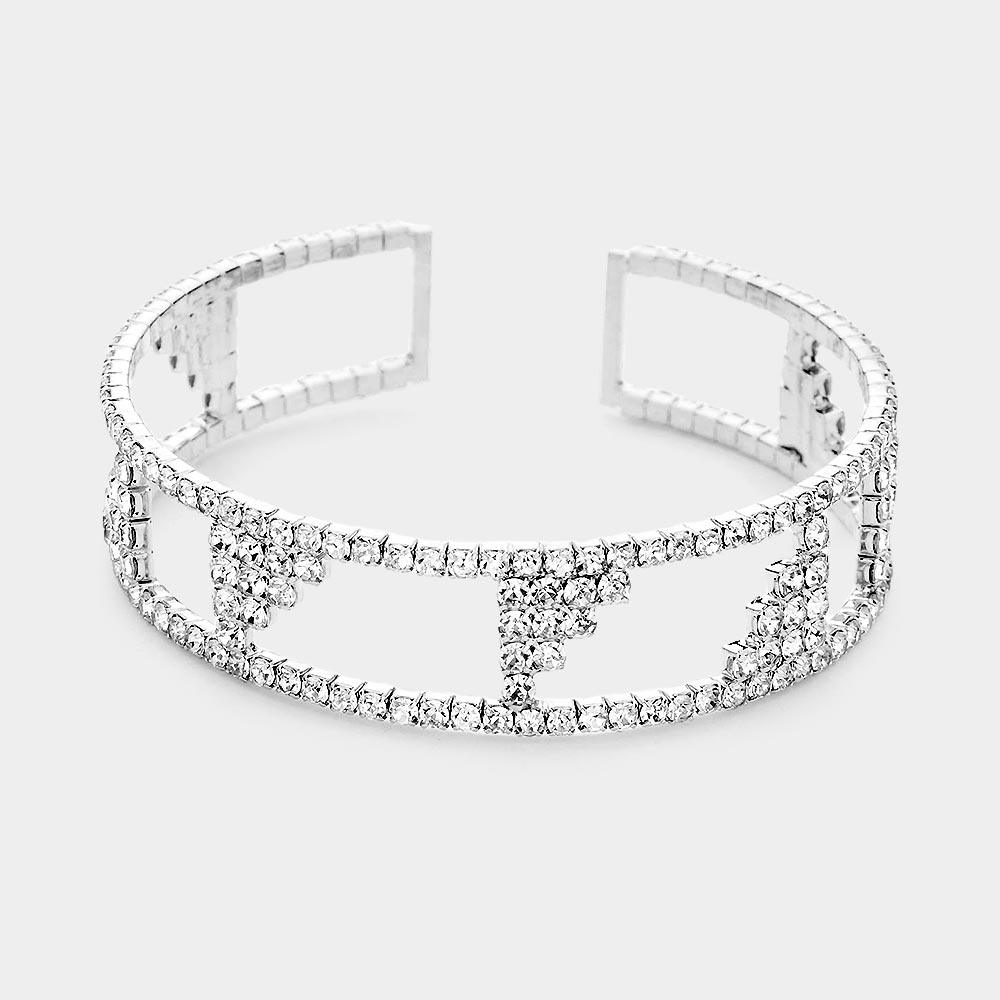 Silver Abstract Rhinestone Pave Accented Cuff Bracelet