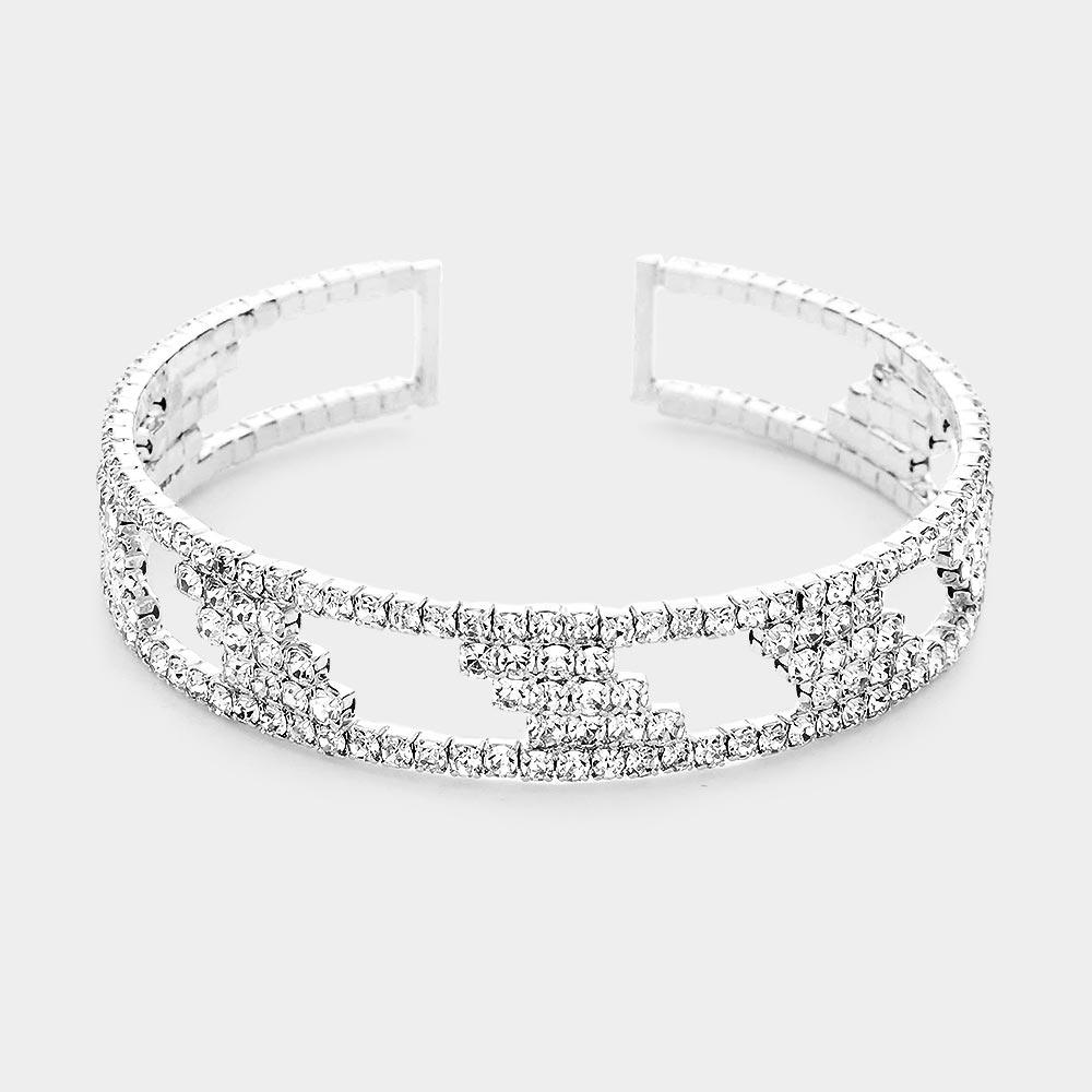 Silver Abstract Rhinestone Pave Accented Cuff Bracelet