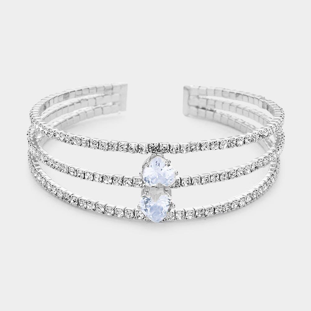 Silver Heart Stone Accented Rhinestone Pave Cuff Bracelet - Jewelry Store by Erik Rayo